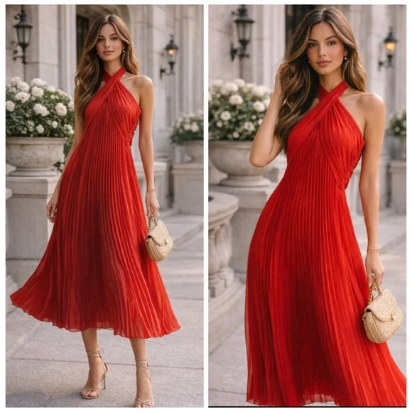 reiss roya pleated halter dress WornOnTV: Zuri's red pleated halter dress on Access Hollywood | Zuri Hall